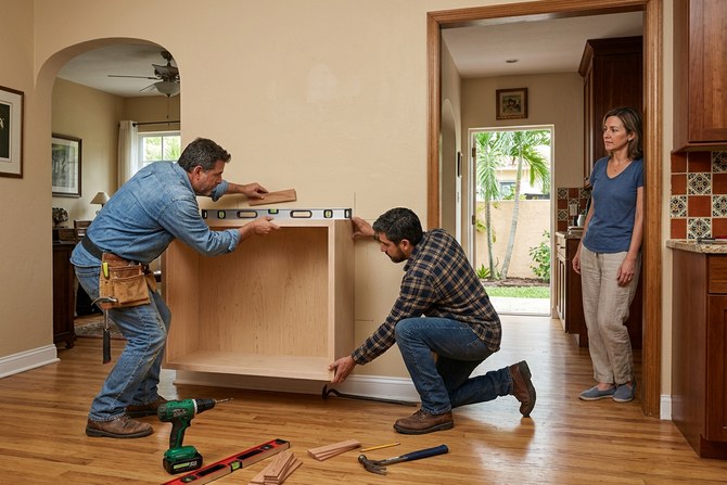 Two carpenters carefully fitting a custom cabinet box against a wall while a homeowner watches