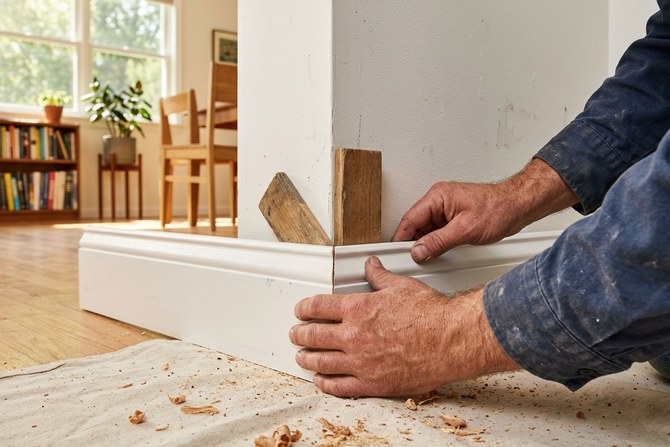 Close view of a carpenter's hands fitting a baseboard with an angle block at a corner