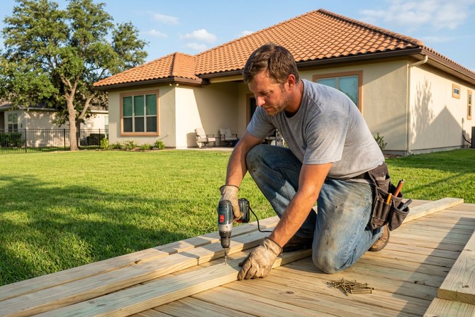Carpenter leveling and fastening new deck boards over a renovated backyard deck in Miami