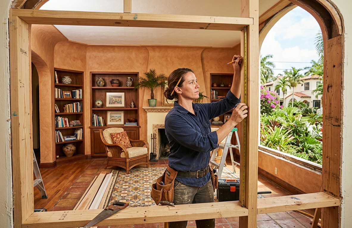 Carpenter measuring a window opening before installing custom trim in a Coral Gables home