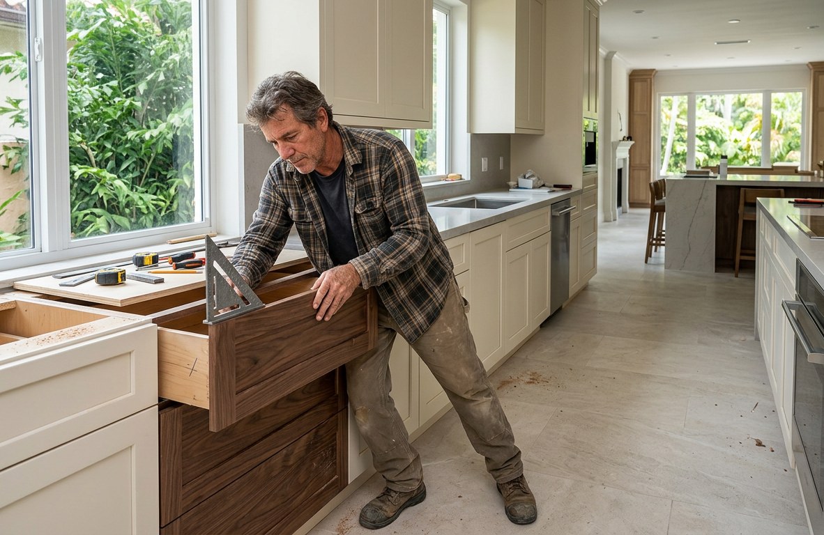 Carpenter installing a custom walnut kitchen cabinet and drawer fronts in a Coral Gables home
