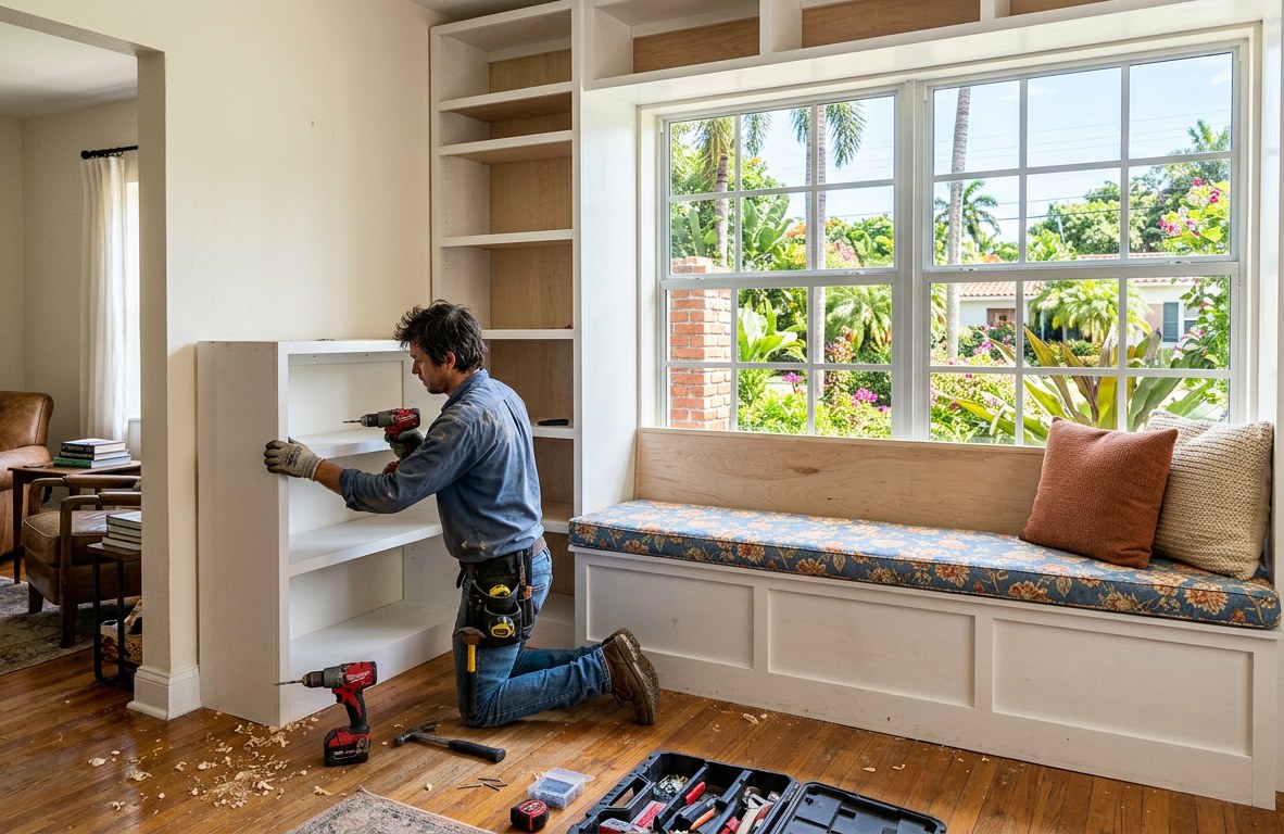 Built-in white bookcase with a window seat being installed against a living room wall