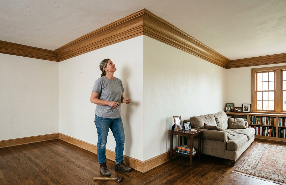 Close view of finished crown molding with crisp 45-degree corner miters in a bright room