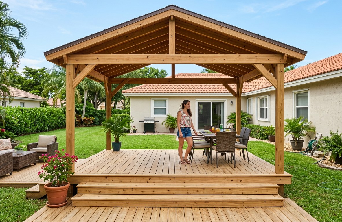 Freshly built wooden deck with new patio cover framing in a Miami backyard on a sunny day