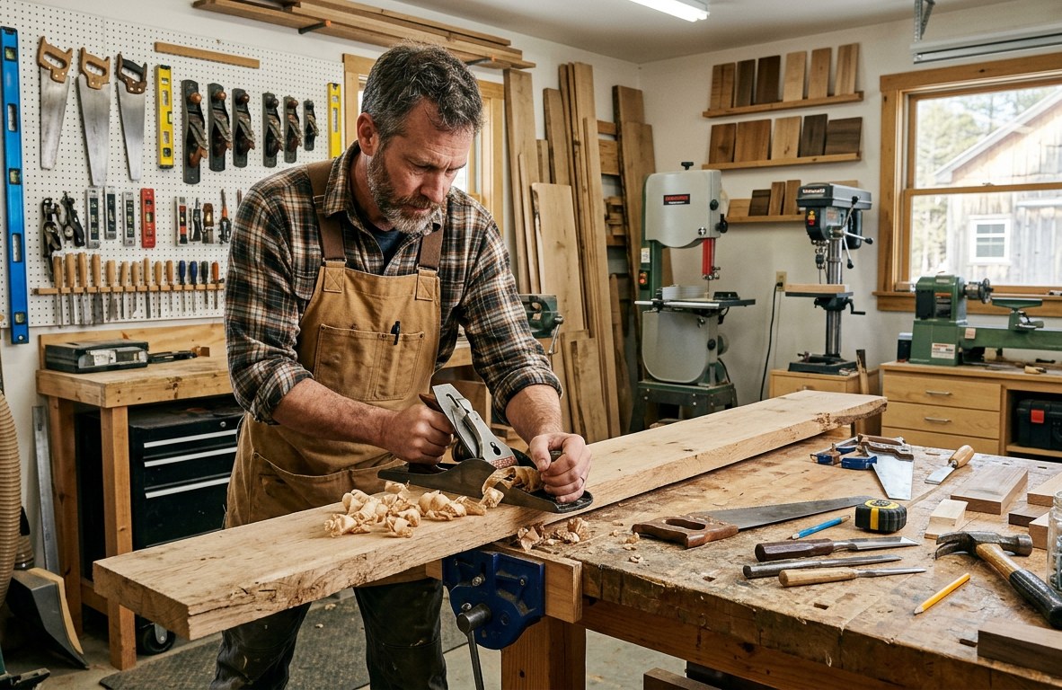 Carpenter using a hand plane on a piece of solid wood at a workbench in a bright workshop