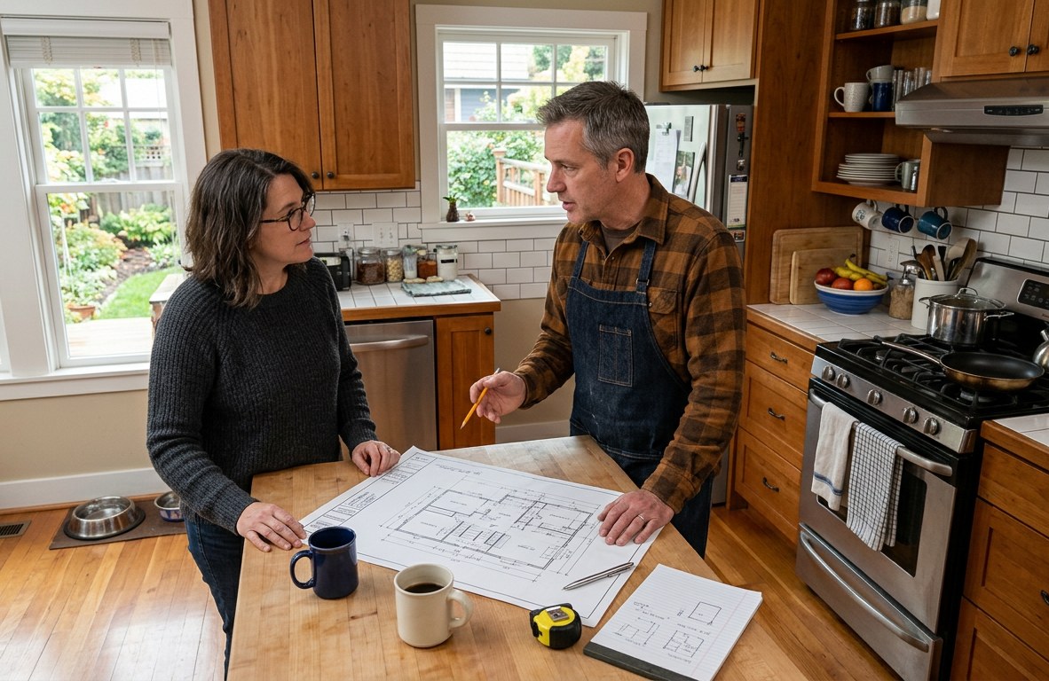 Homeowner and carpenter talking over a plan drawing at a kitchen island during a consultation